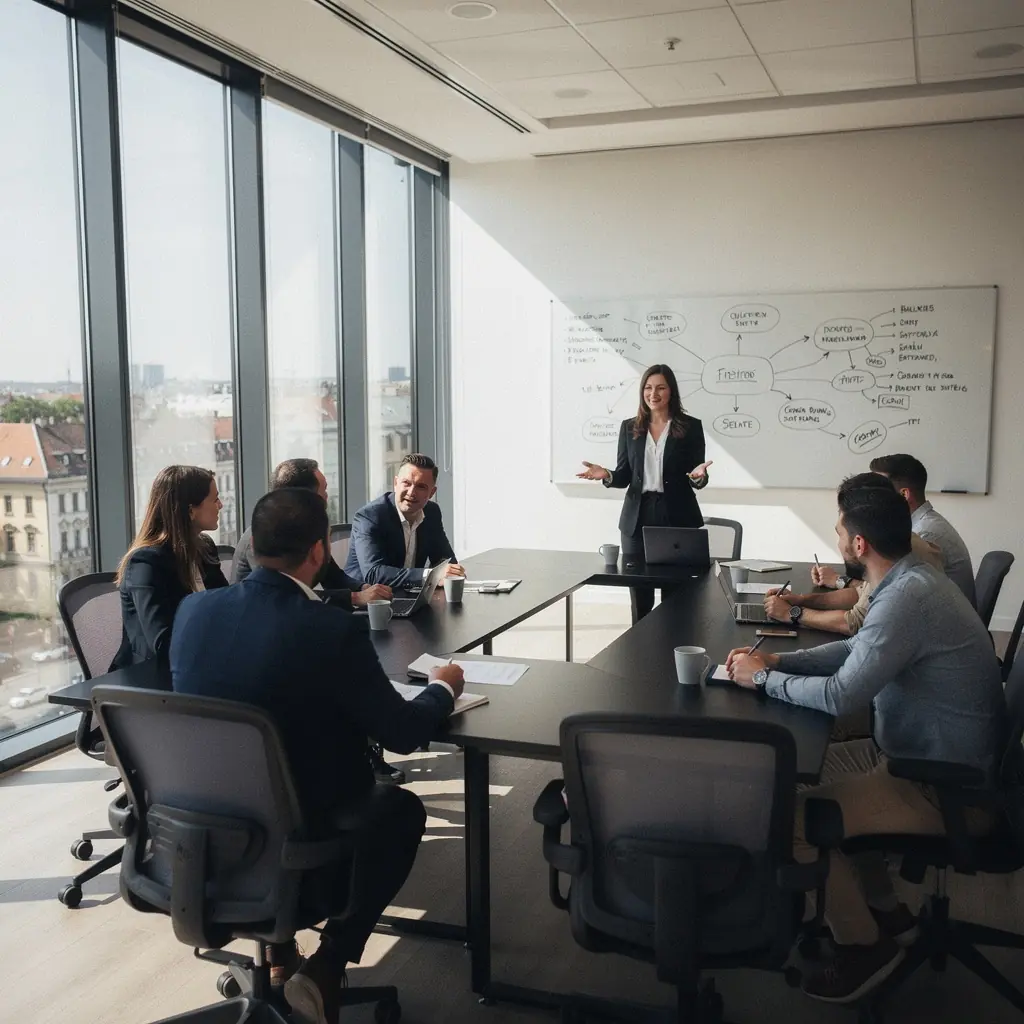 Vezetői tréning során résztvevők interaktív workshopon.
